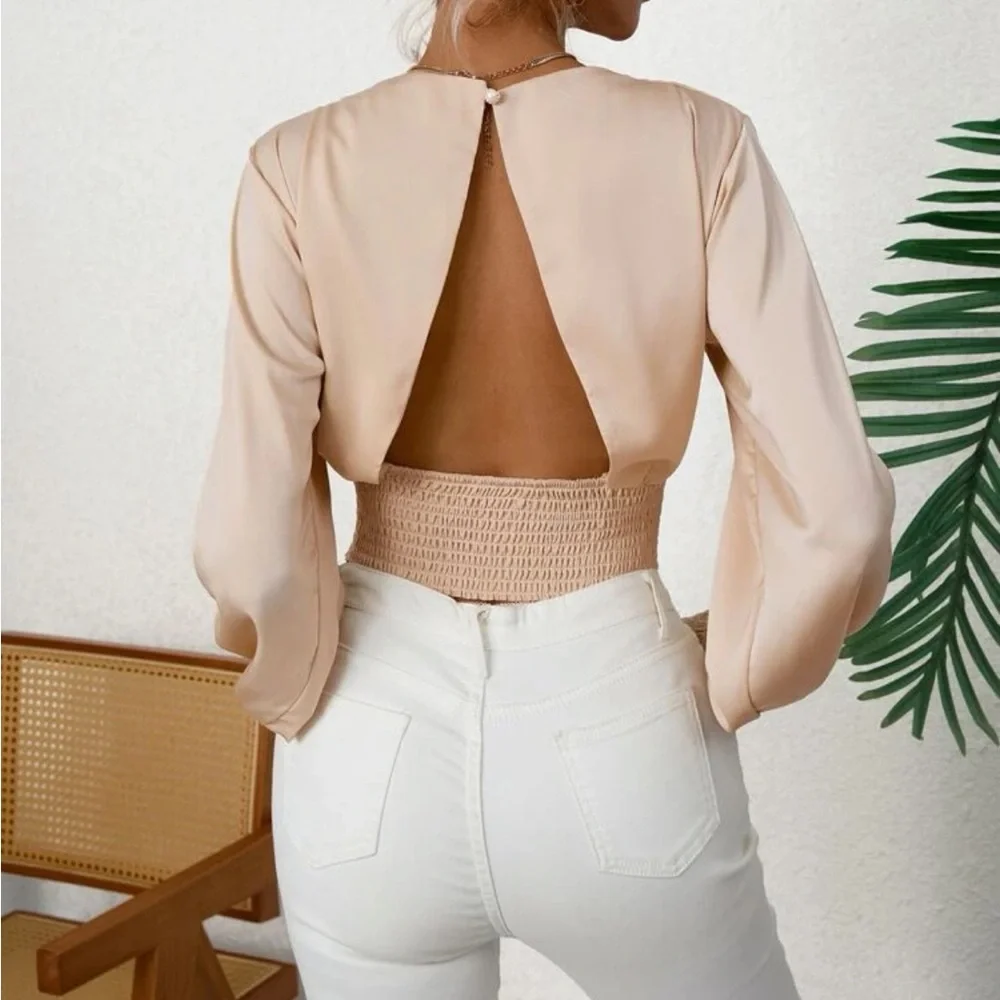 Boho apricot shirred open back crop top